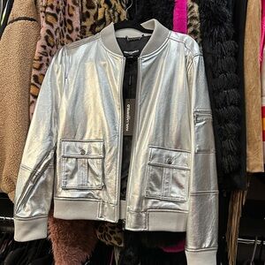 Karl Lagerfeld Metallic Silver Bomber Jacket